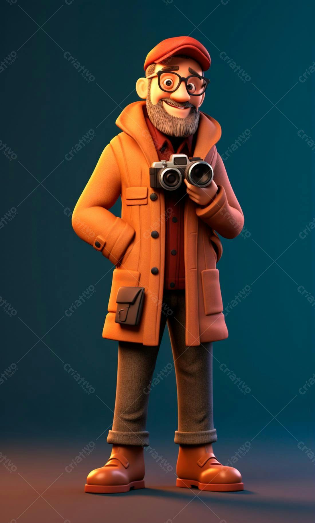 Fotógrafo com câmera retrô estilo cartoon