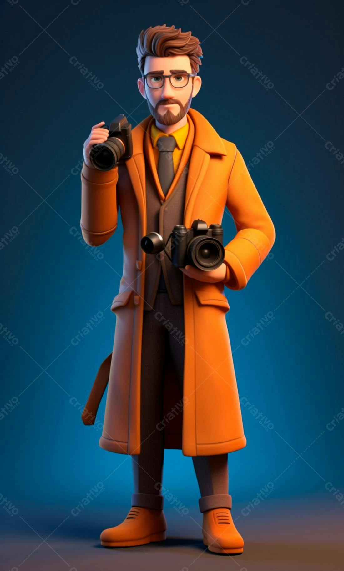 Fotógrafo com duas câmeras estilo cartoon