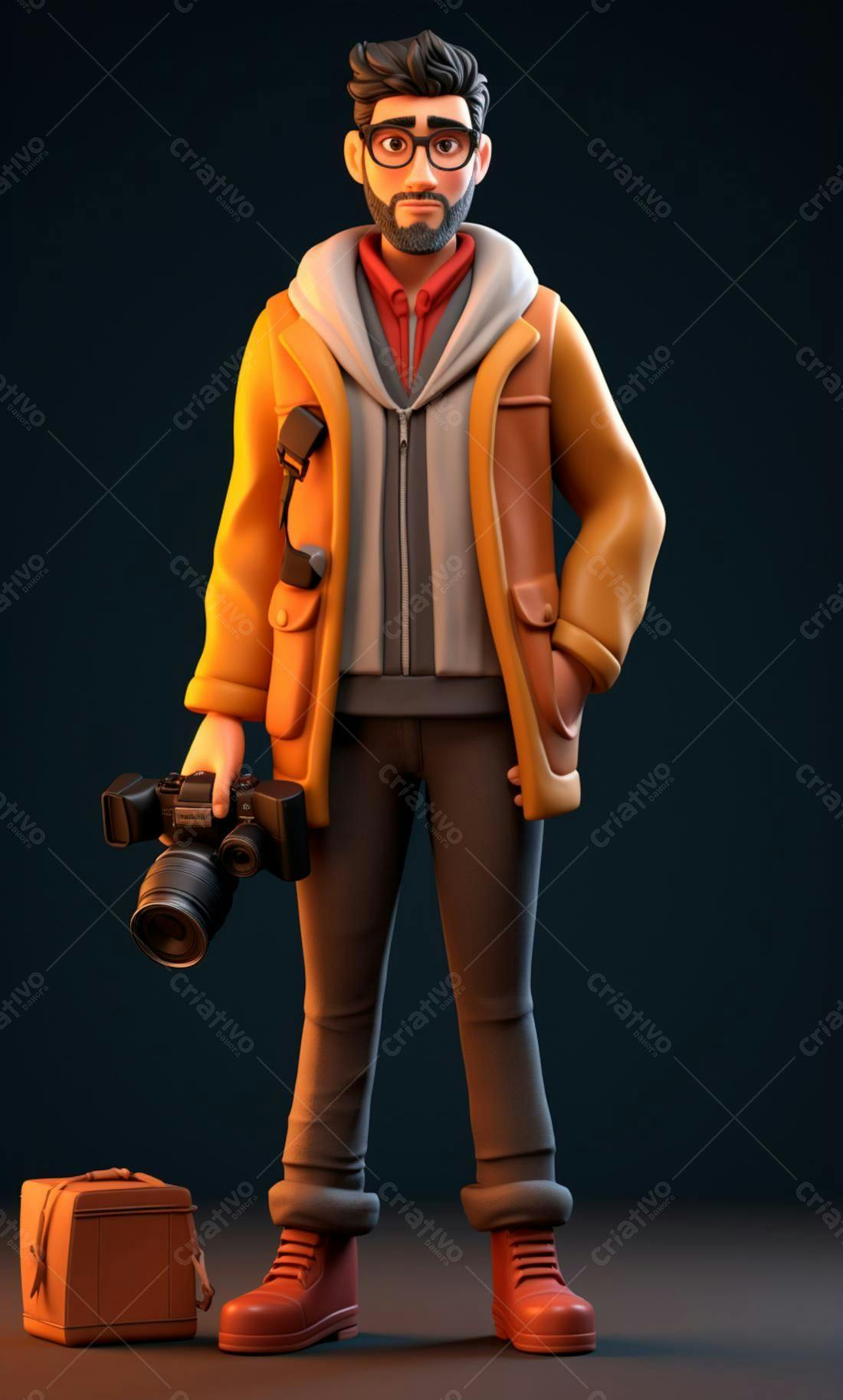 Fotógrafo 3D com câmera e mala