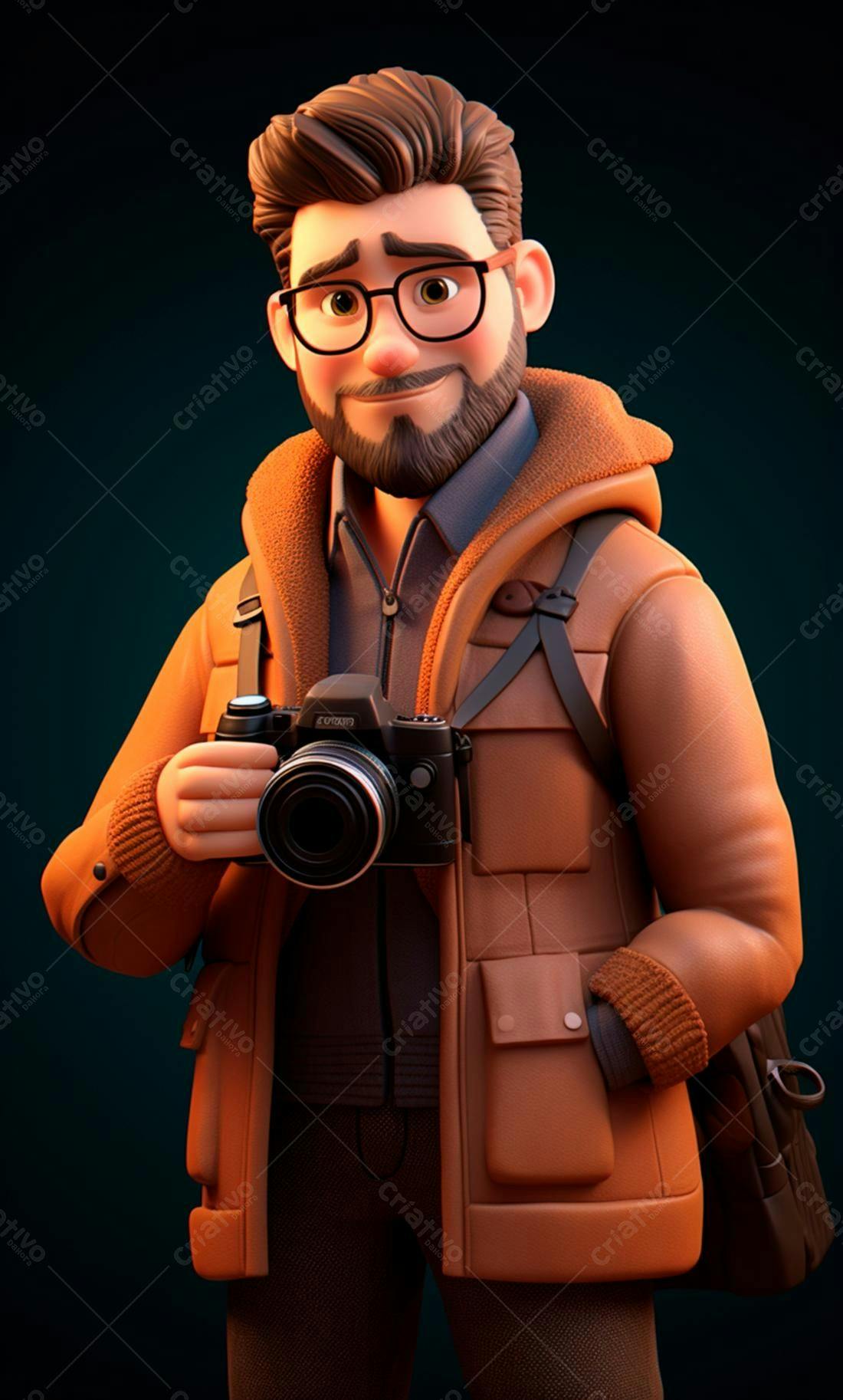 Fotógrafo com câmera vintage casaco marrom