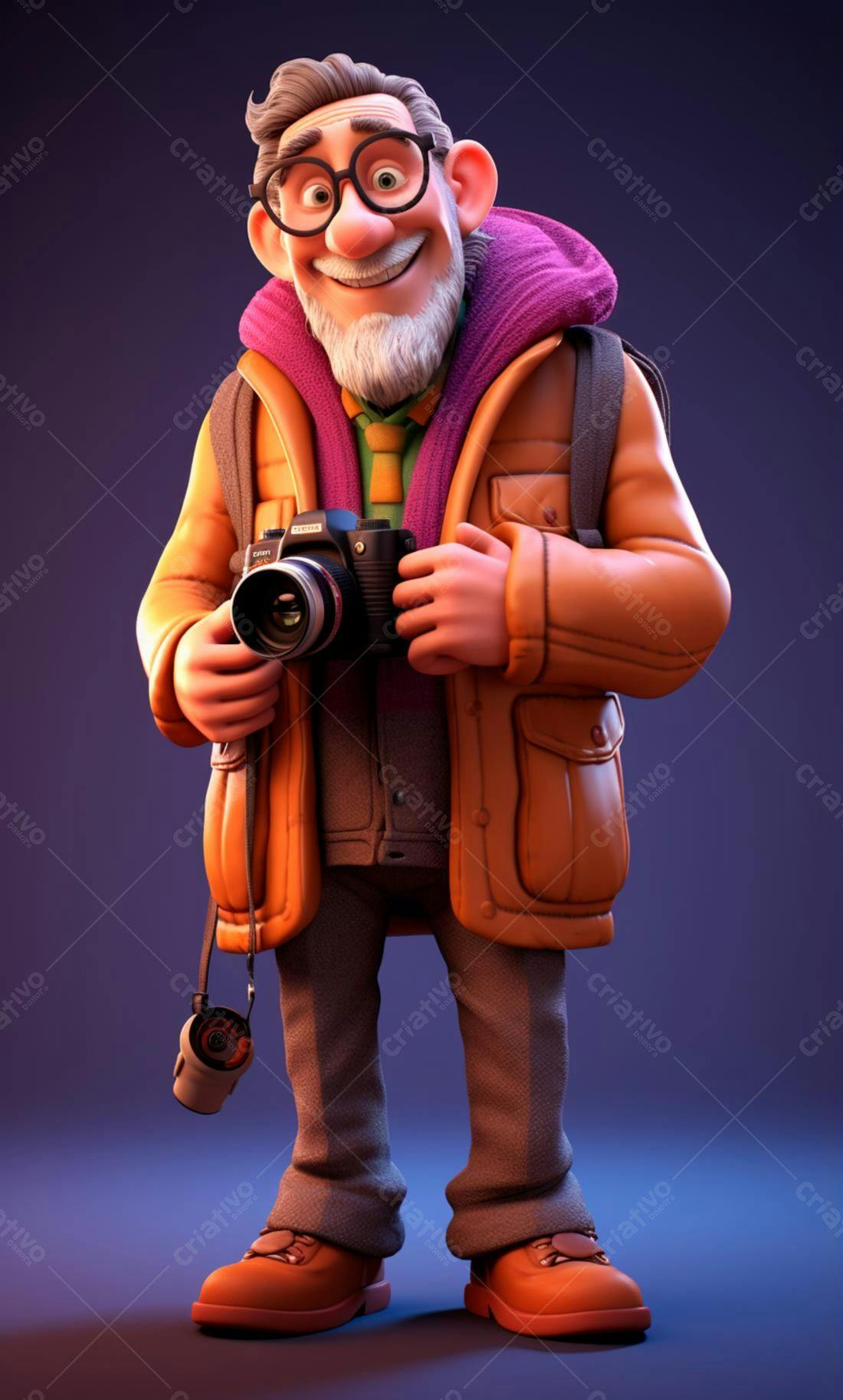 Fotógrafo animado com câmera vintage