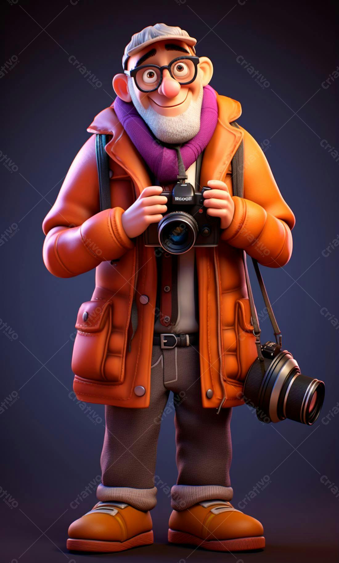 Fotógrafo animado com câmera retrô