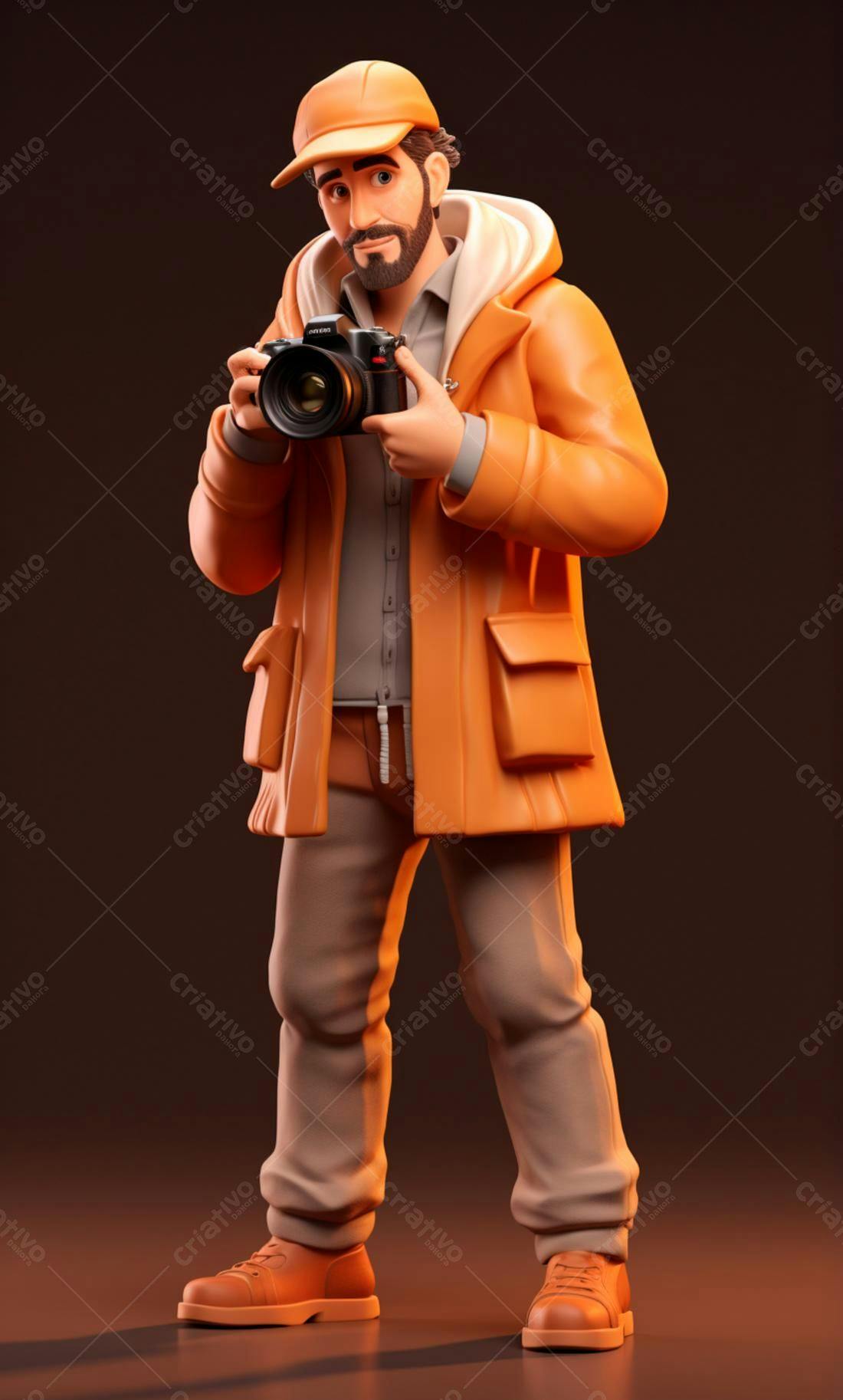 Fotógrafo com câmera em fundo marrom