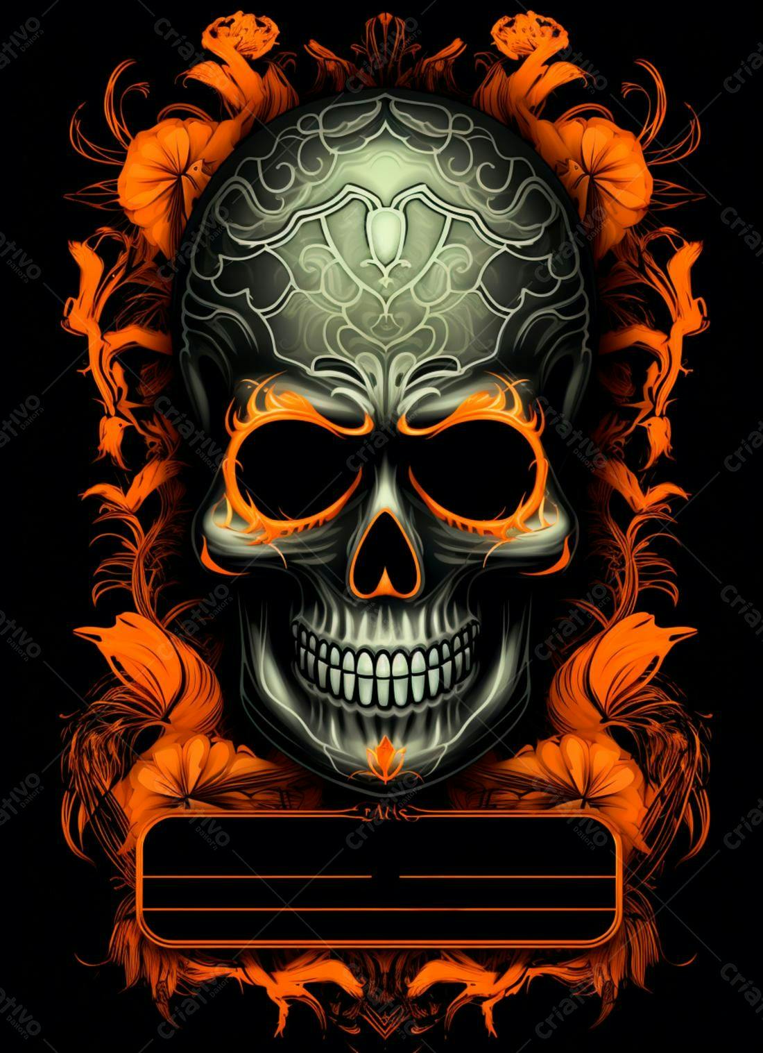 Caveira estilizada com flores laranja