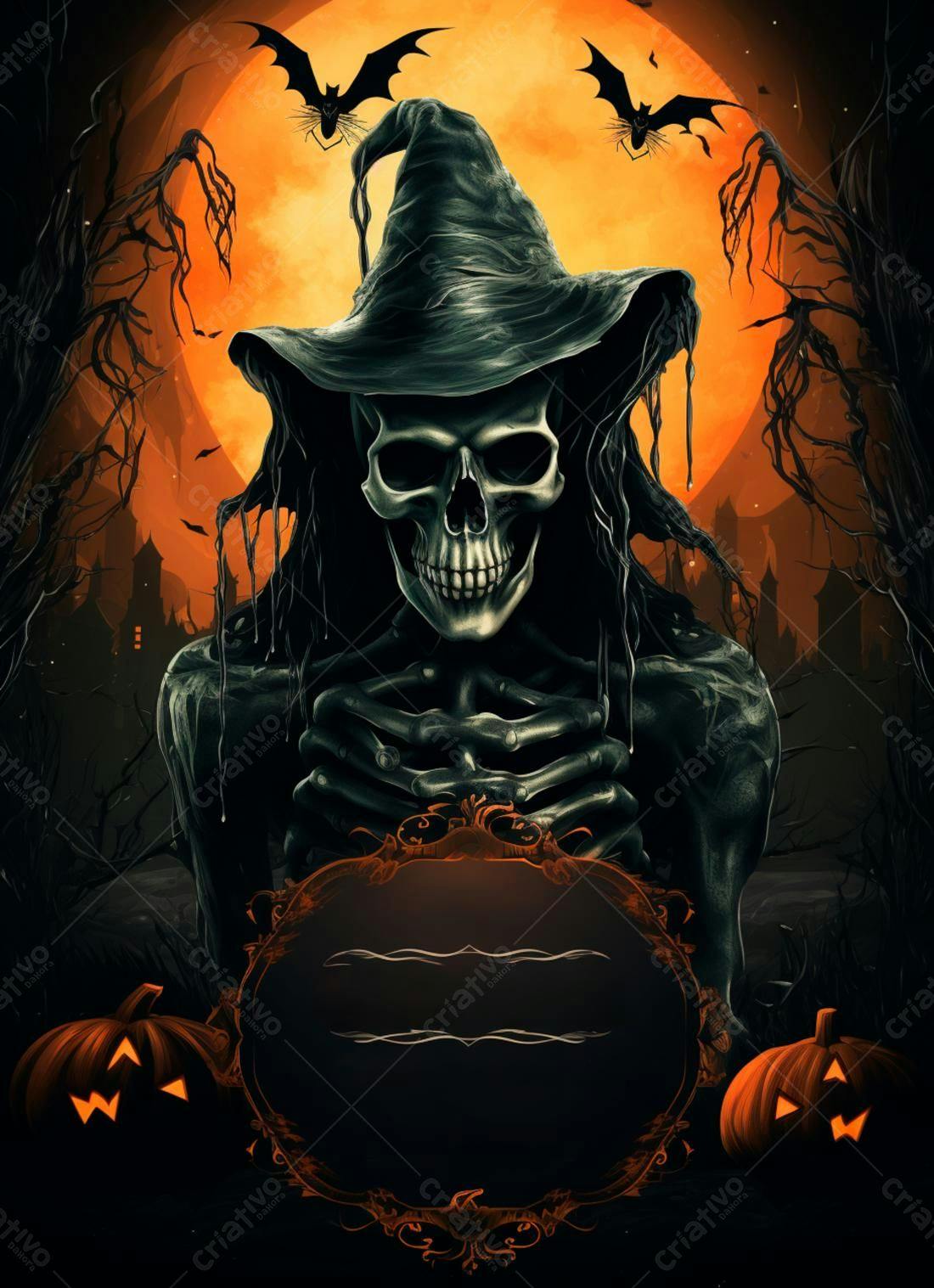 Fantasma esqueleto Halloween lua laranja