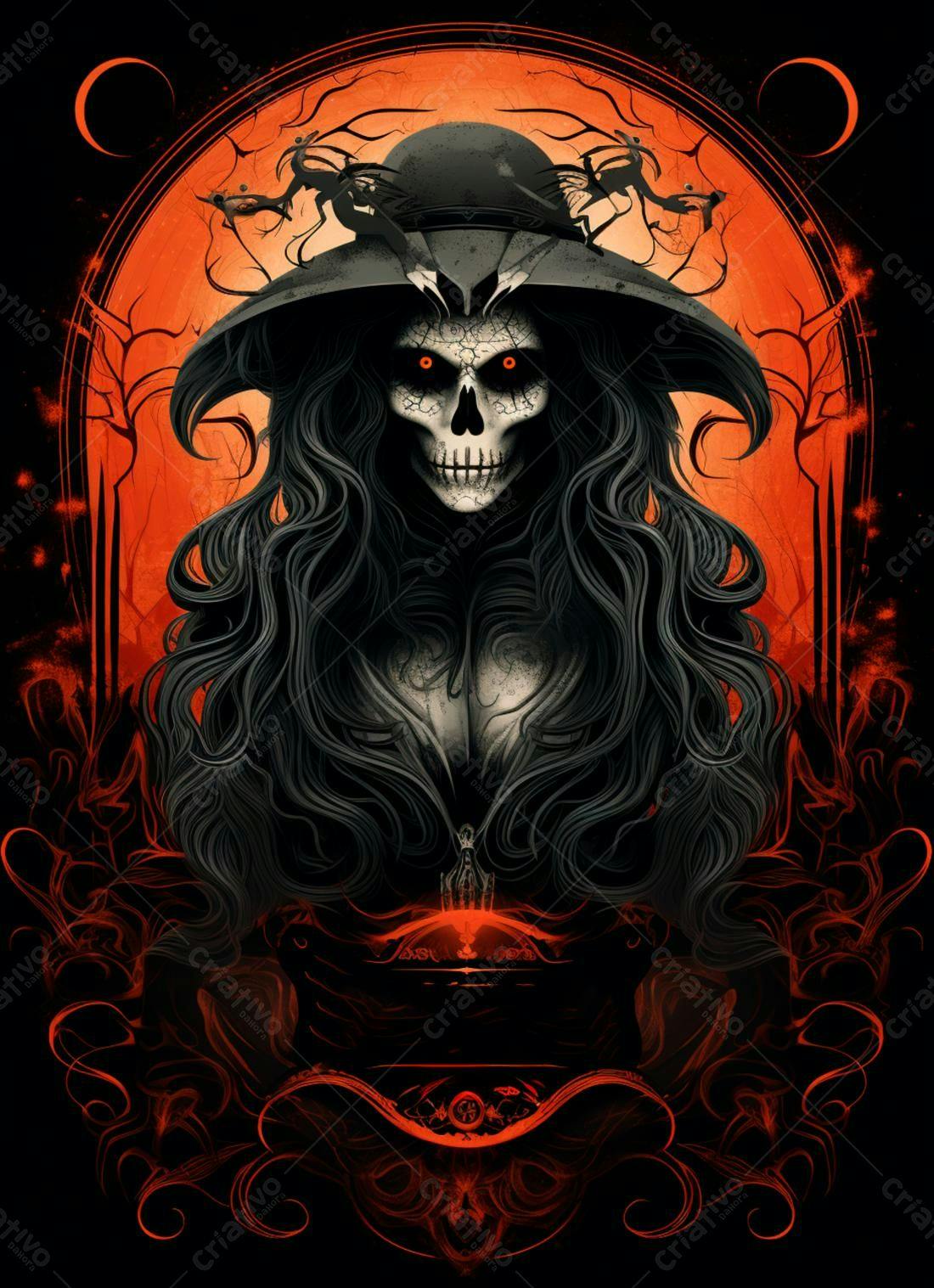 Bruxa Esquelética com Chapéu Largo Fundo Vermelho