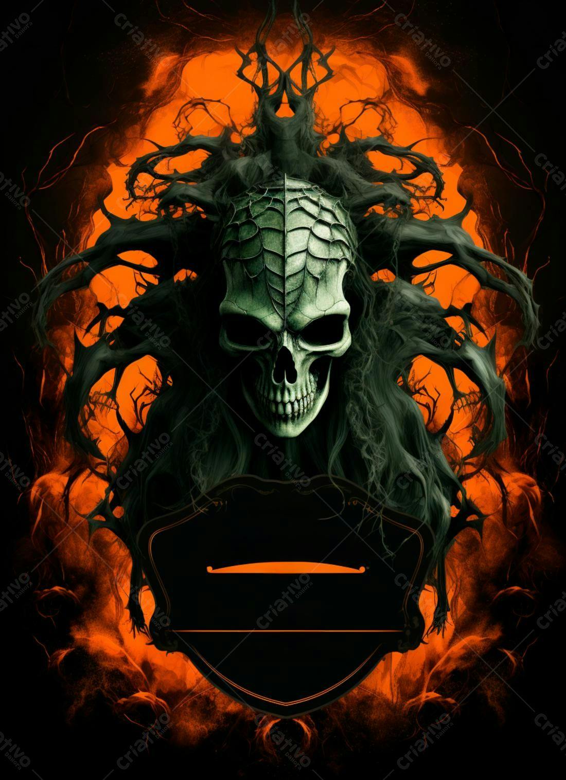 Caveira fantasmagórica em chamas laranja