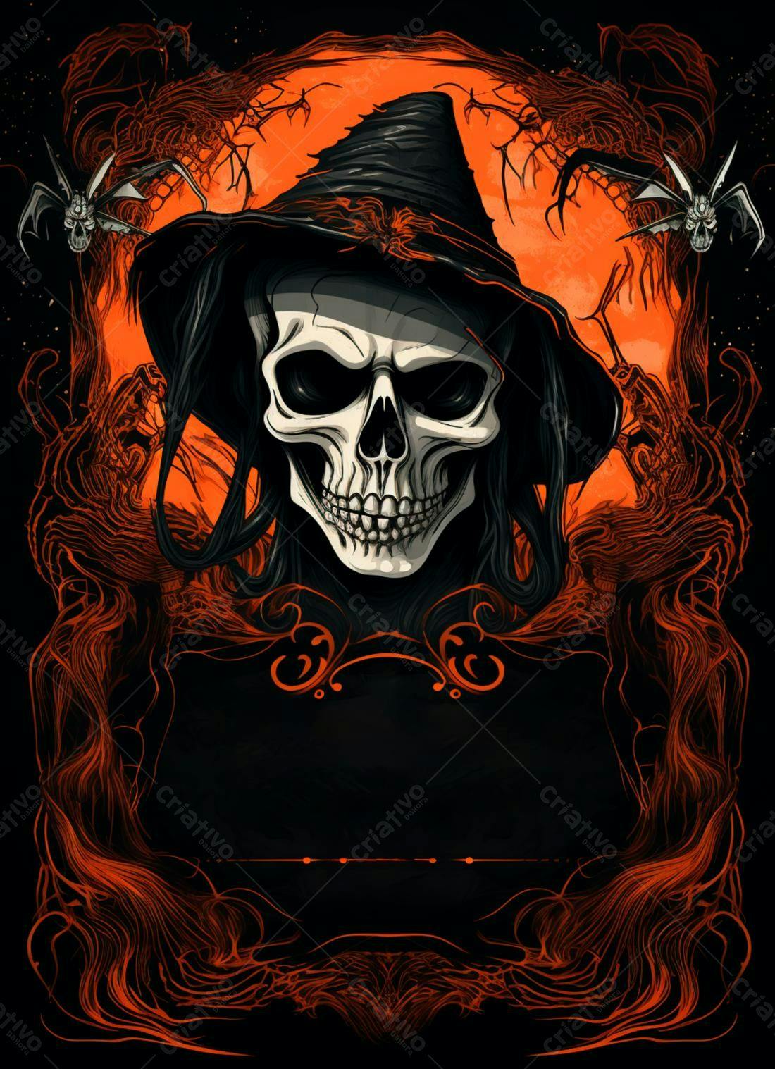Caveira com chapéu de bruxa Halloween
