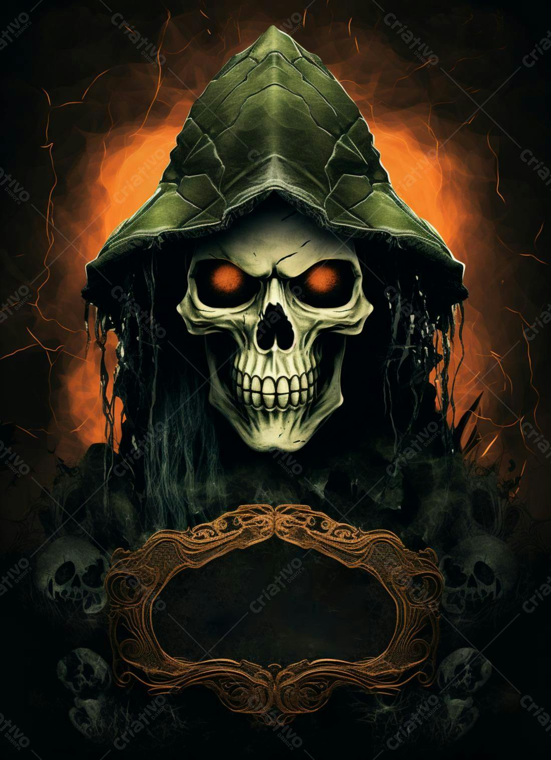 Caveira encapuzada com fundo de fogo