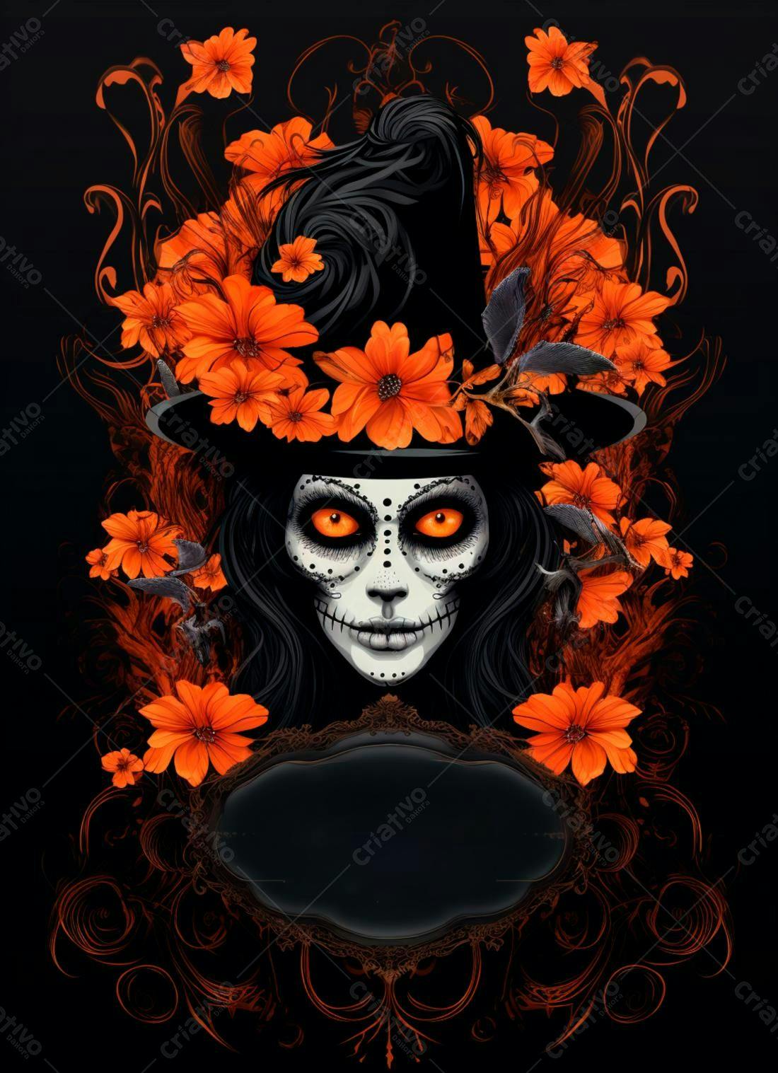 Mulher com maquiagem Dia dos Mortos e flores laranja