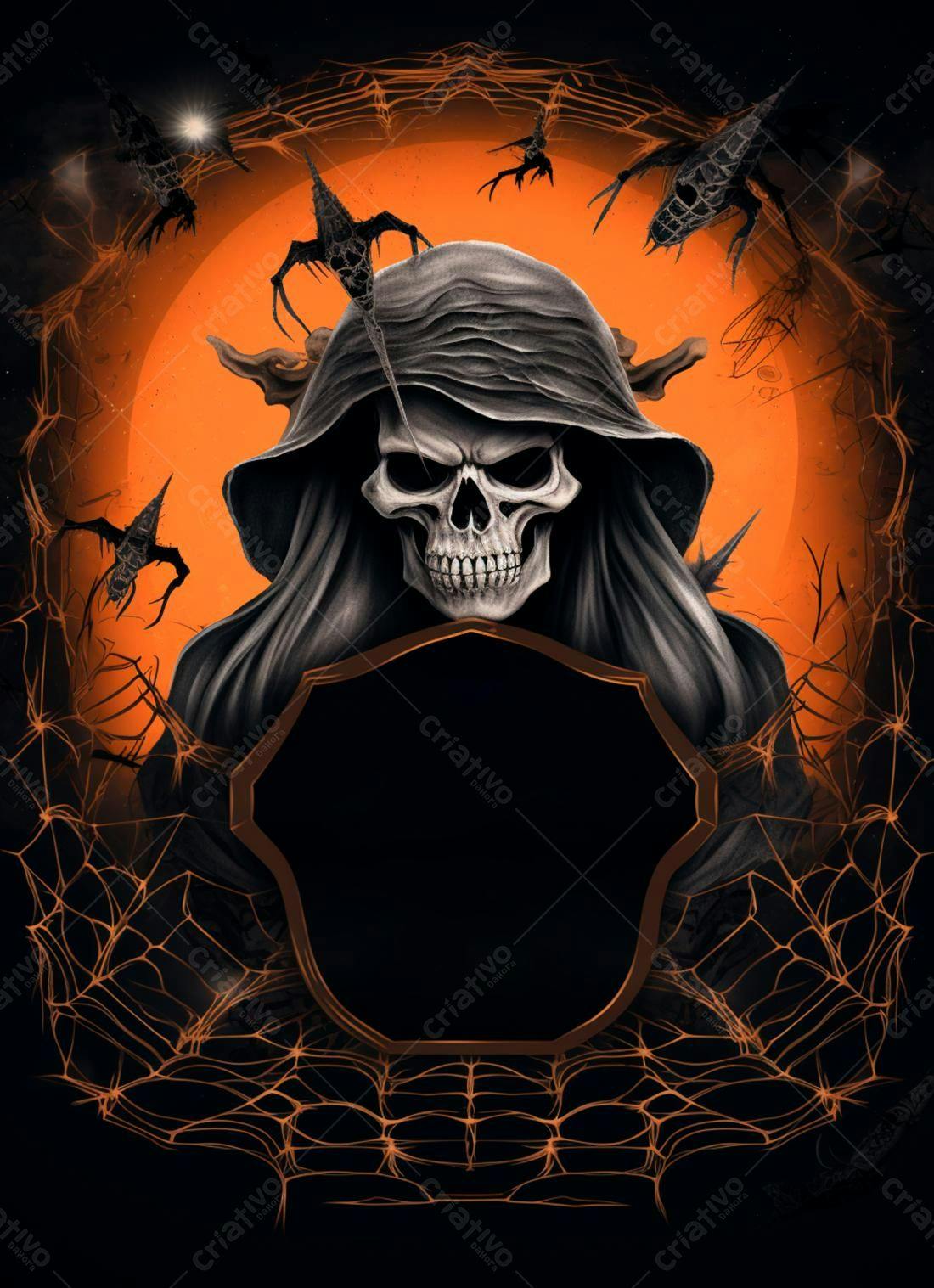 Caveira com capuz Halloween fundo laranja