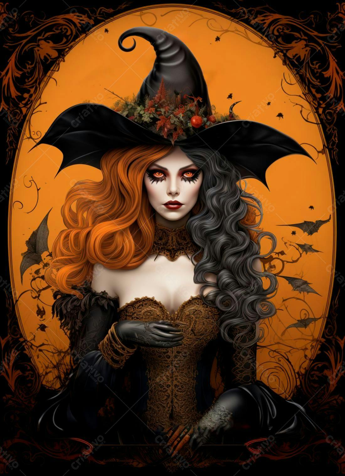 Bruxa de Halloween com cabelos laranja e preto
