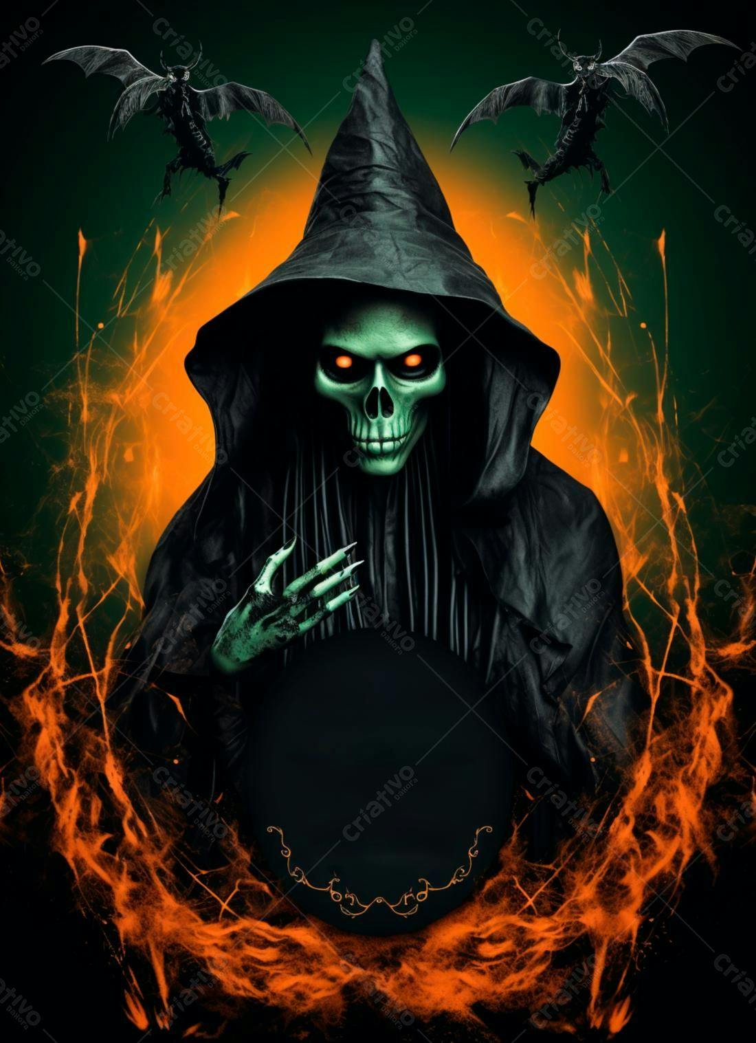 Fantasma em Capuz Negro com Fogo Halloween