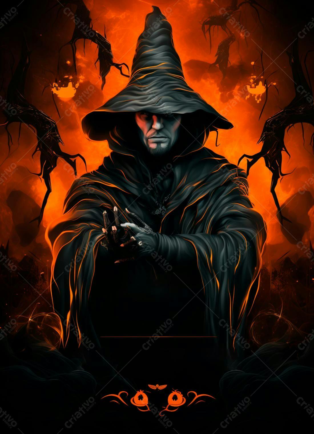 Mago sombrio em cenário infernal