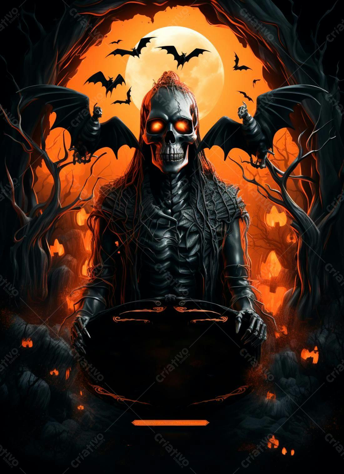 Esqueleto com asas de morcego em noite de Halloween