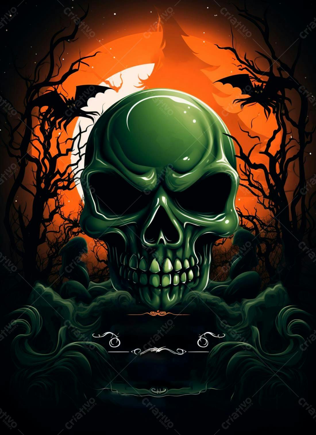 Caveira Verde em Noite de Halloween