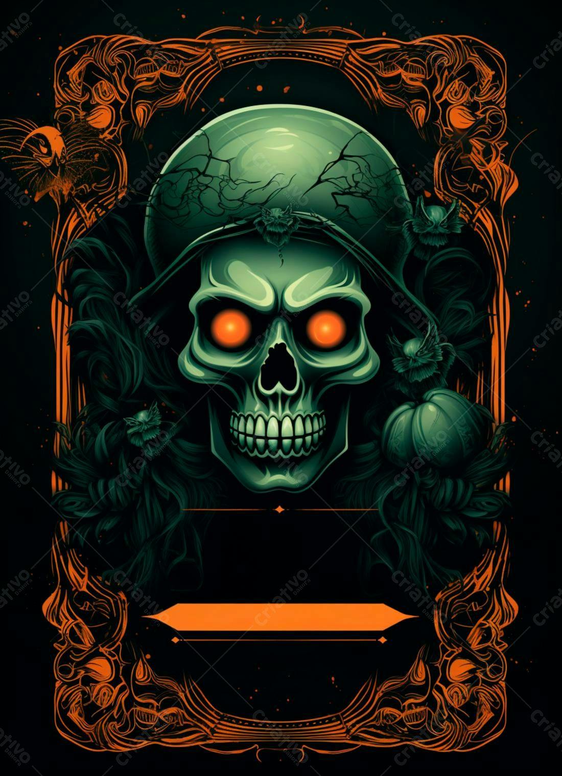 Caveira Verde com Olhos Laranja para o Halloween