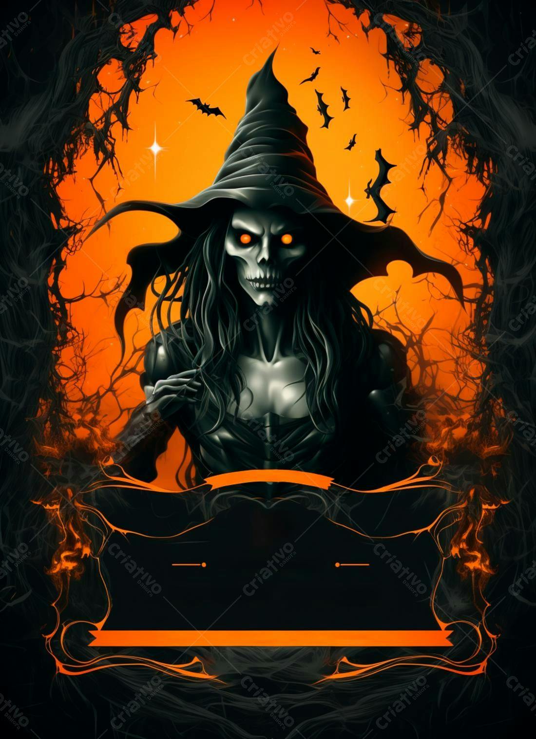 Bruxa sinistra Halloween fundo laranja