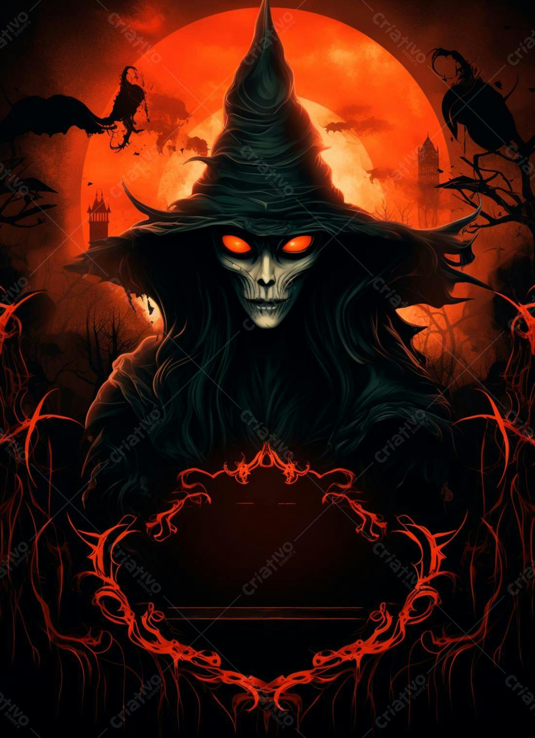 Bruxa Sombria com Lua Sangrenta Halloween