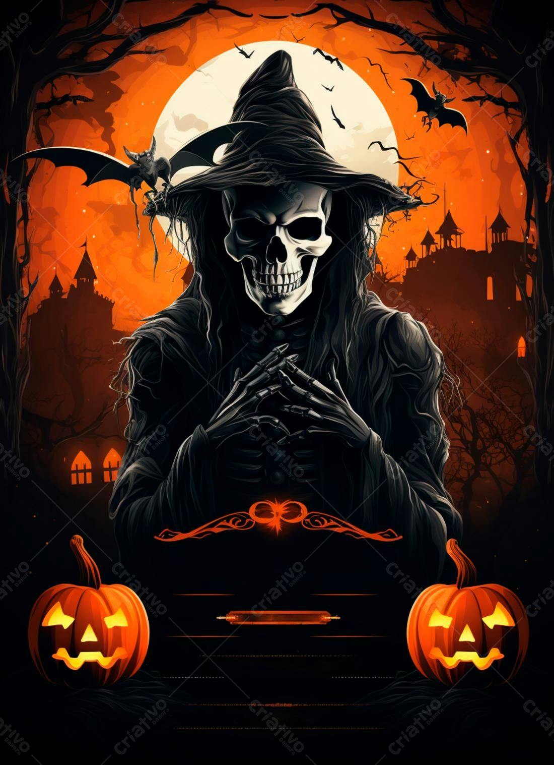 Bruxa esqueleto Halloween abóbora