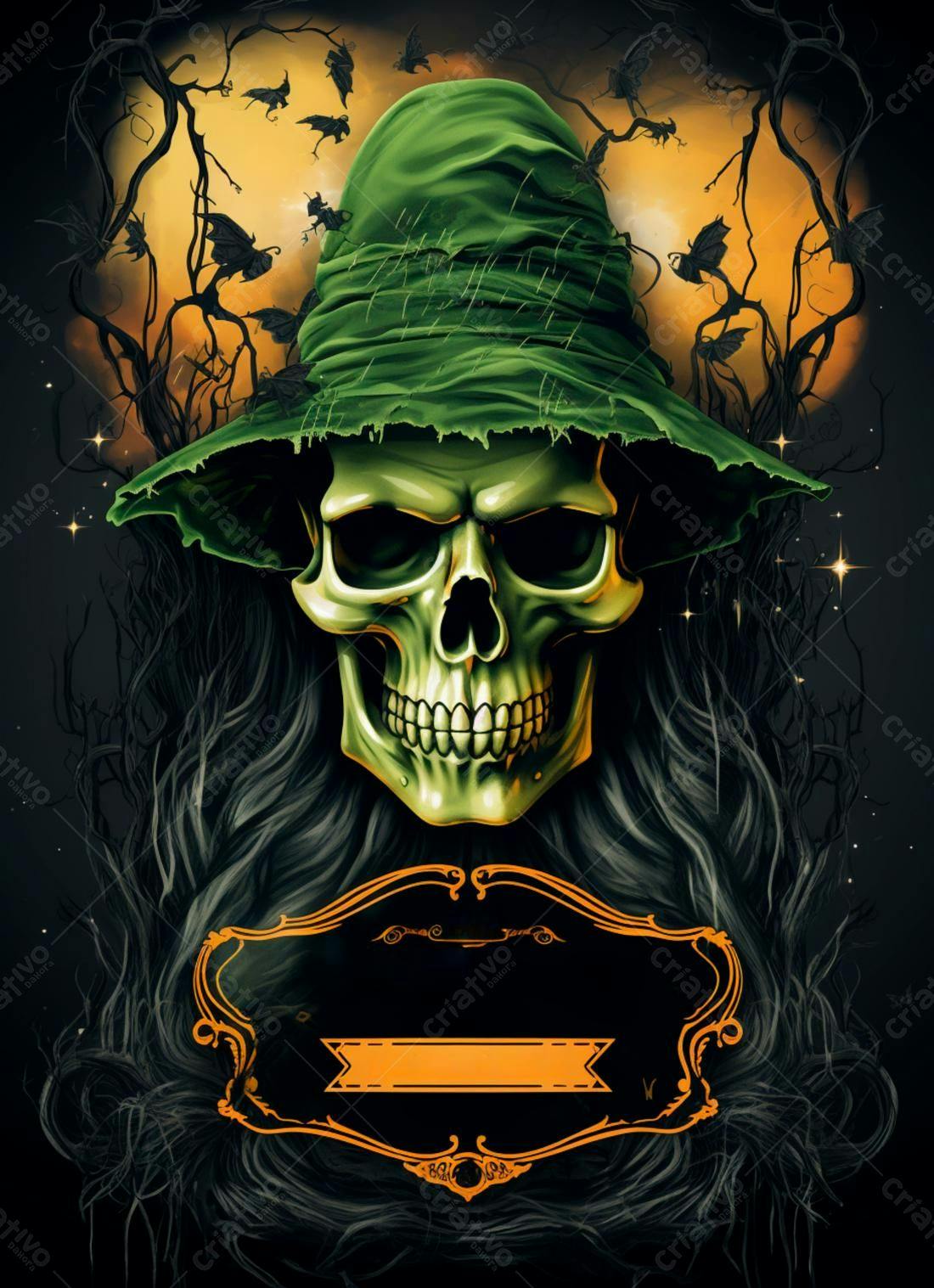 Caveira bruxa chapéu verde Halloween