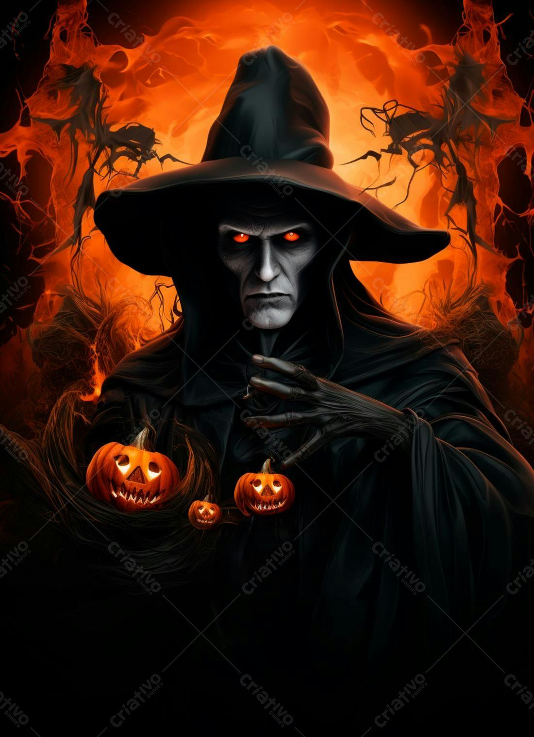 Bruxo sombrio com abóboras de Halloween