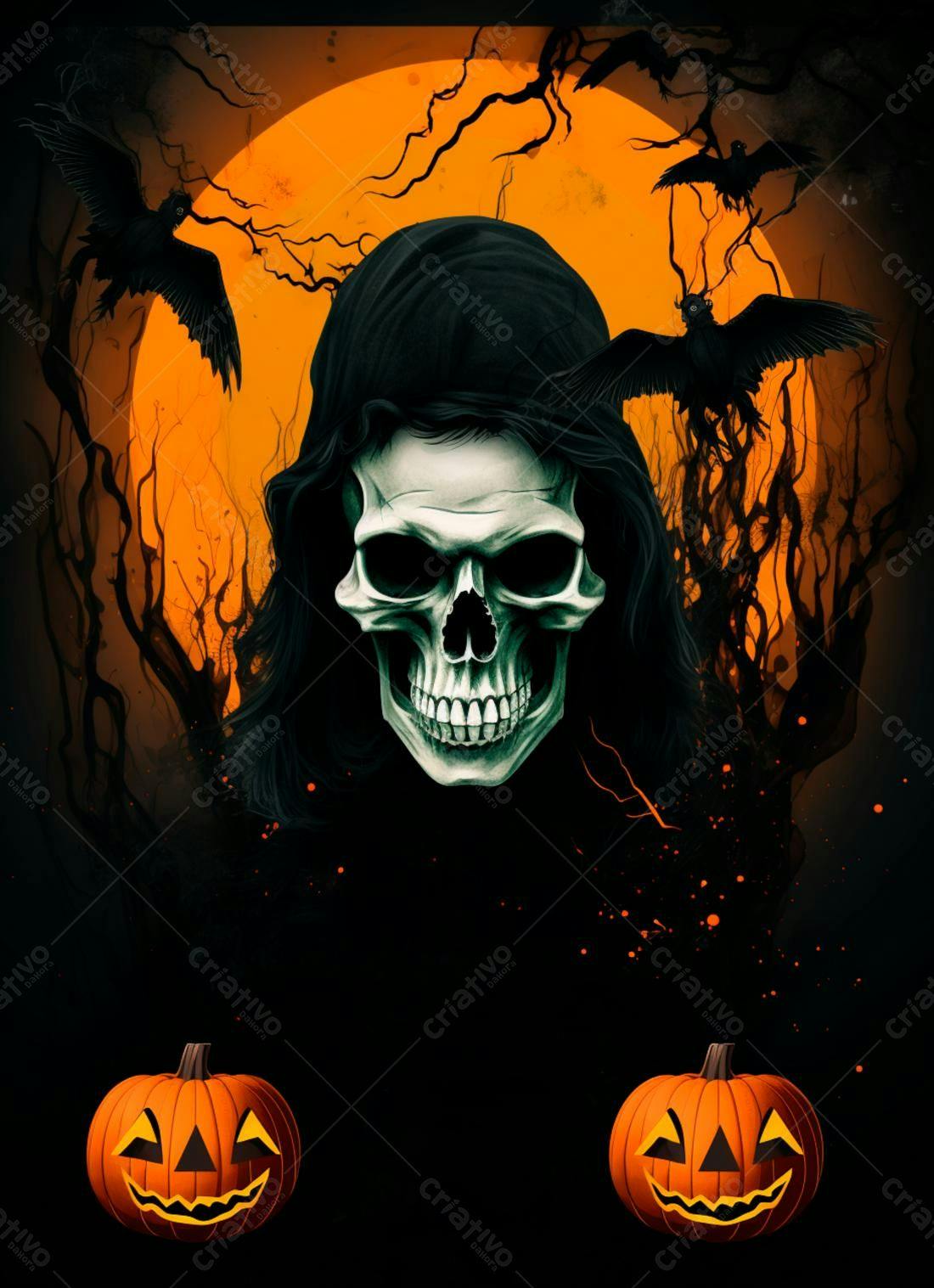 Caveira com Capuz Halloween Abóboras