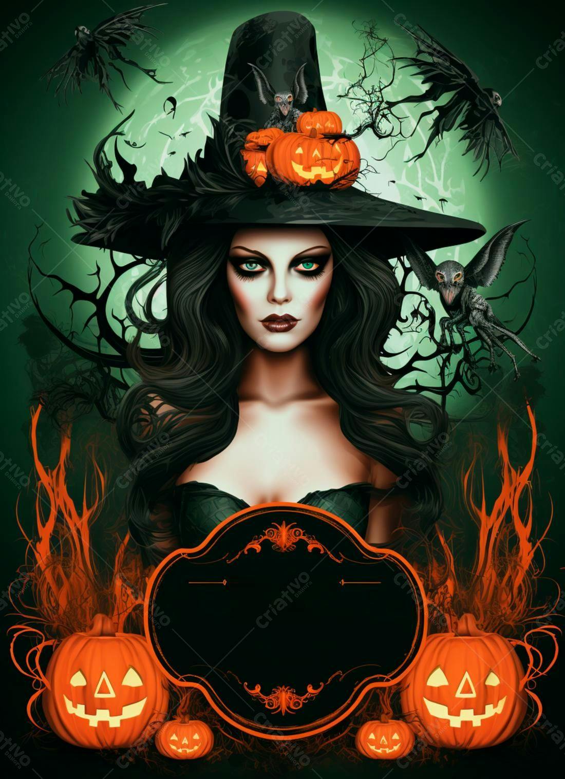 Bruxa Sombria com Abóboras de Halloween