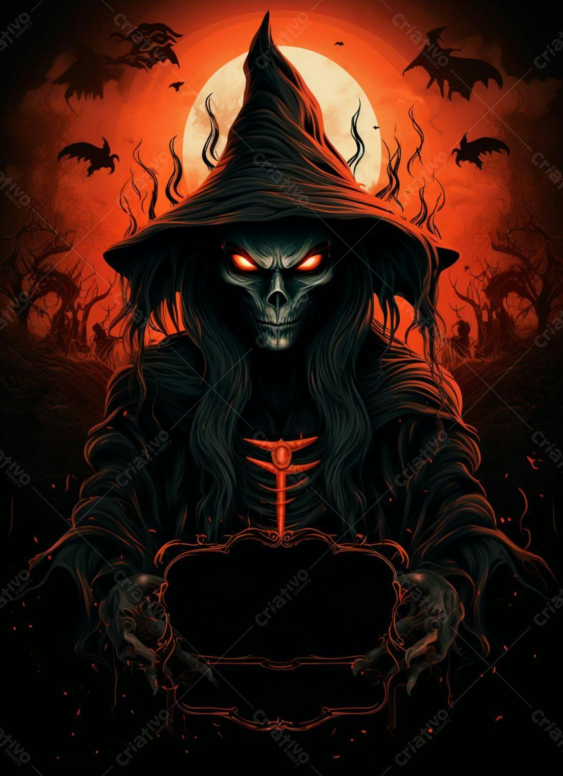 Bruxa sinistra segurando placa Halloween