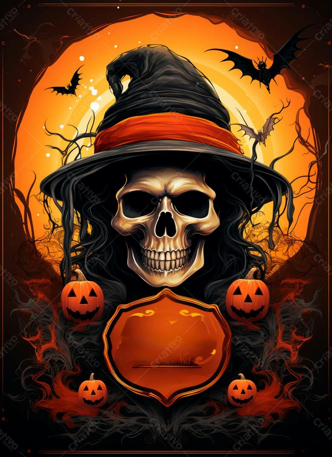 Caveira bruxa Halloween abóboras