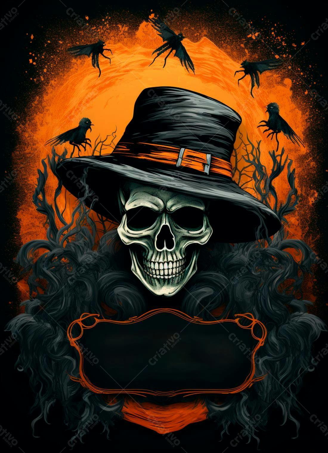 Caveira com chapéu Halloween fundo laranja