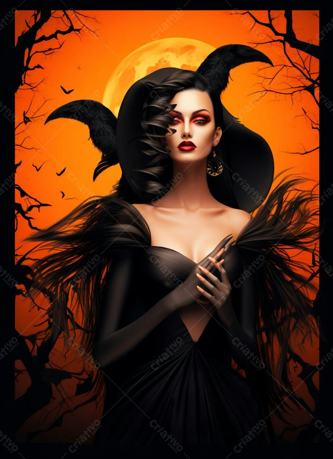 Mulher em vestido preto em cenário de Halloween