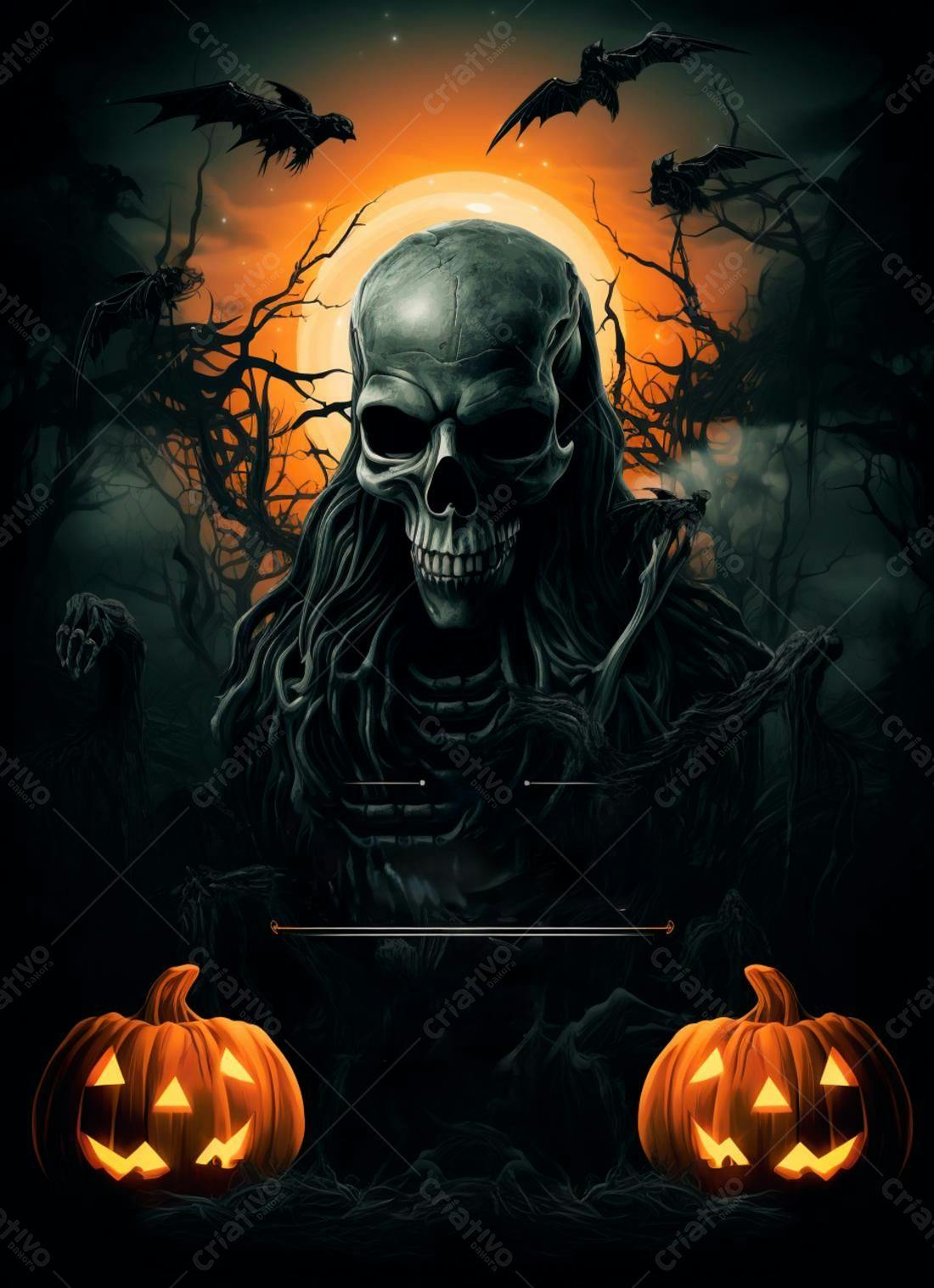 Caveira em floresta escura noite de Halloween