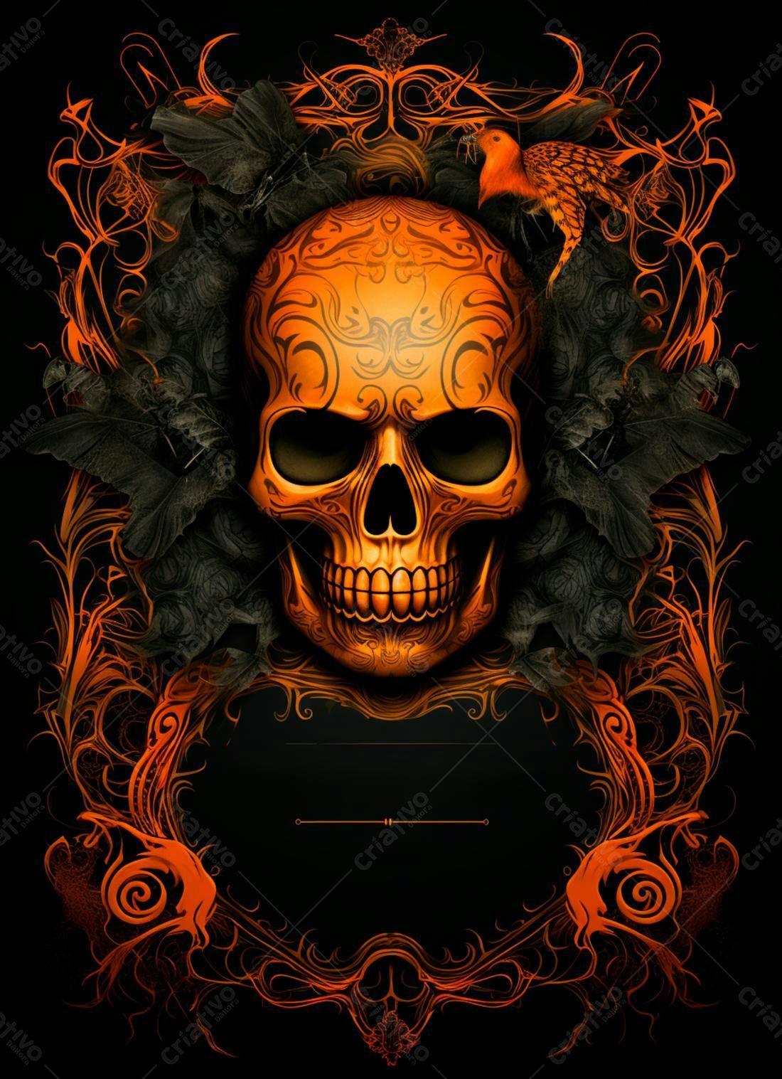 Caveira decorada com arabescos laranja e pássaro