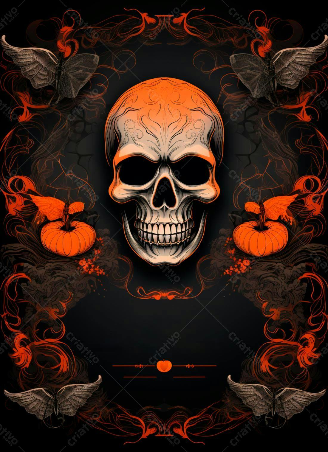 Caveira com abóboras e borboletas Halloween