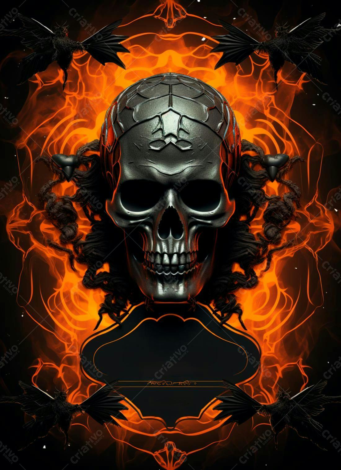 Caveira metálica em chamas laranja