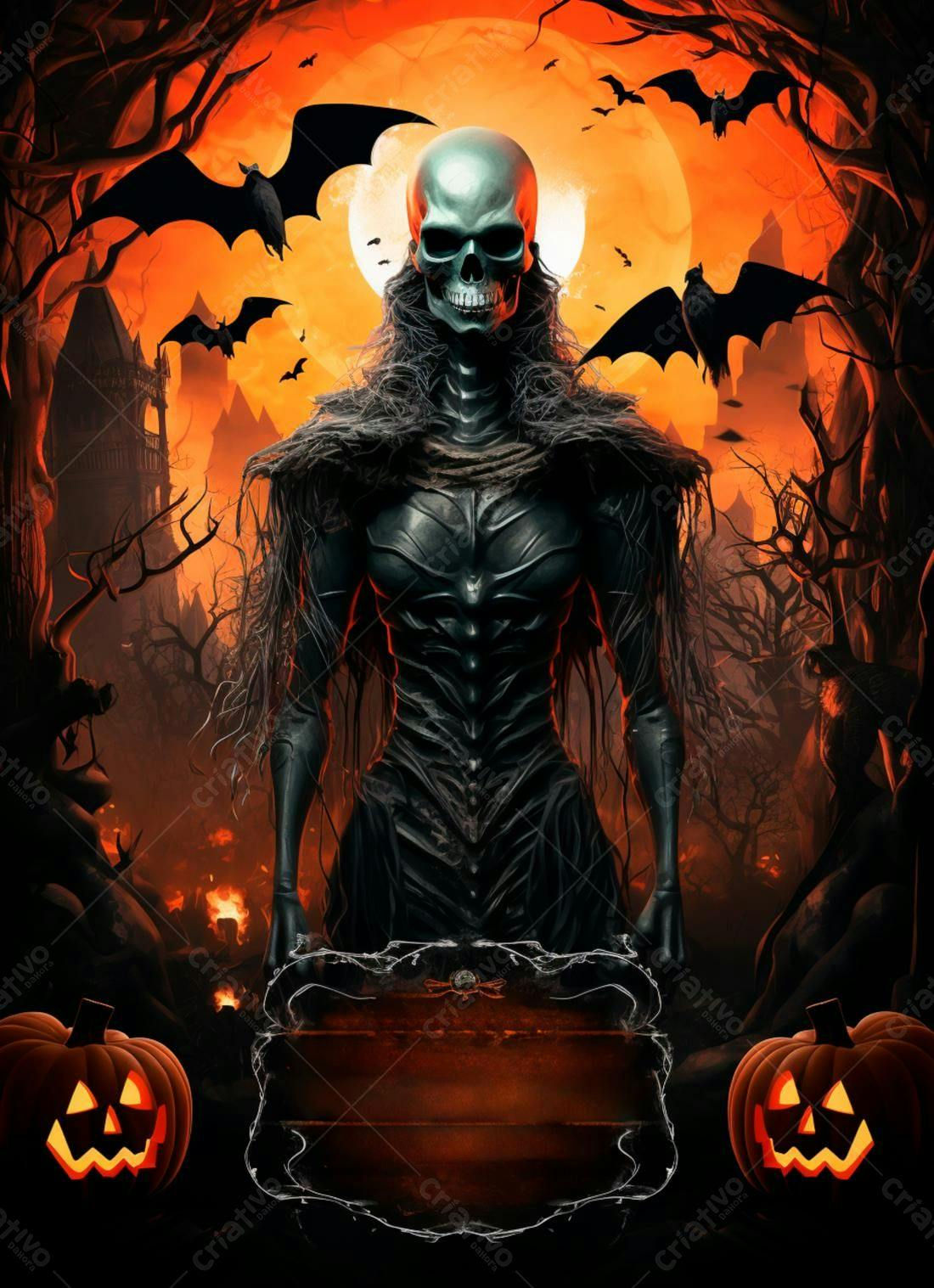 Figura Esquelética em Cenário de Halloween
