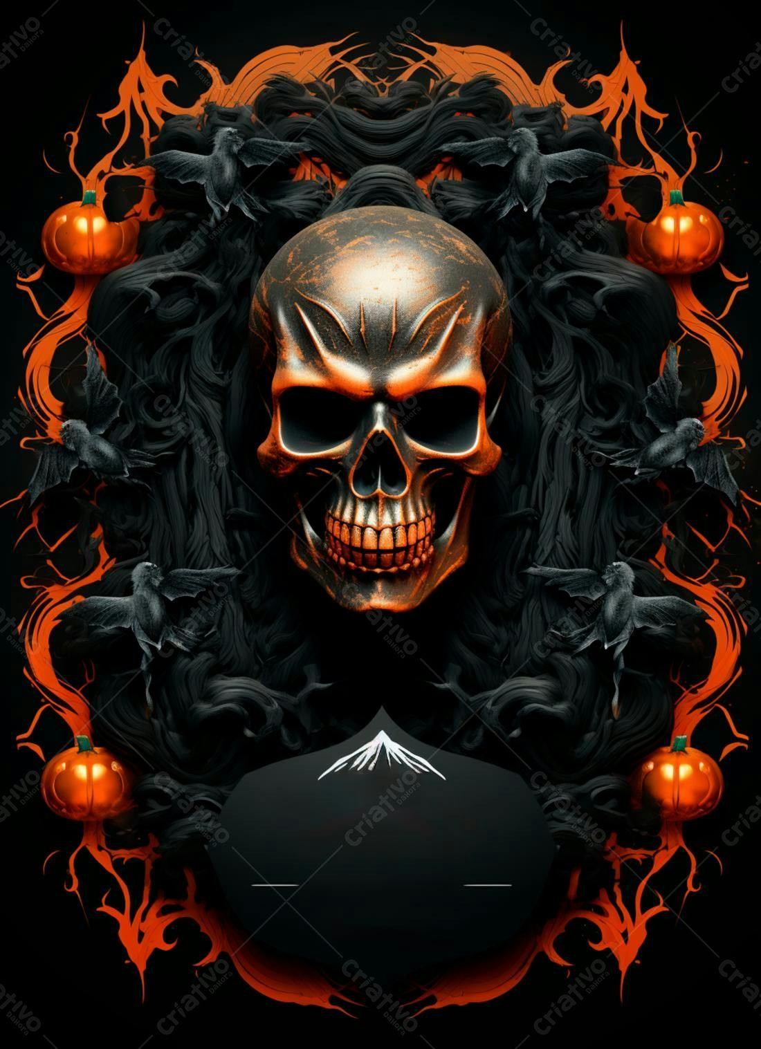 Caveira com abóboras e morcegos para o Halloween