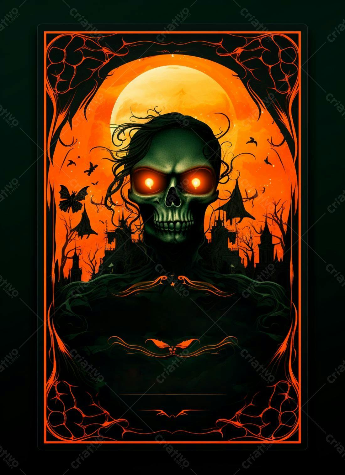Caveira com olhos brilhantes em cenário de Halloween