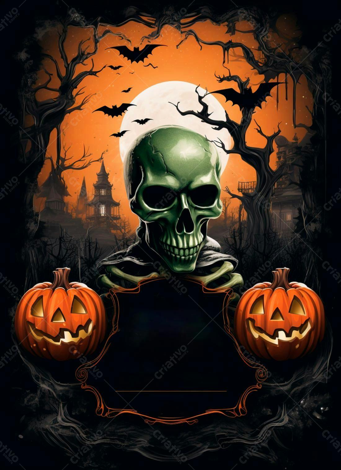 Caveira Halloween com abóboras e cenário noturno