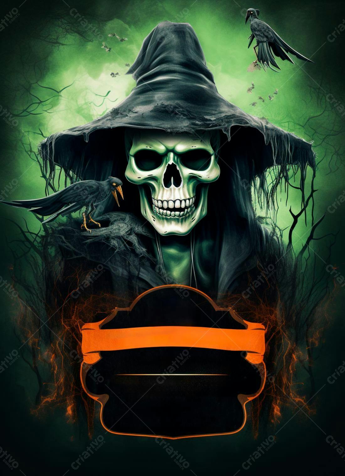 Caveira com capa escura e corvos para Halloween