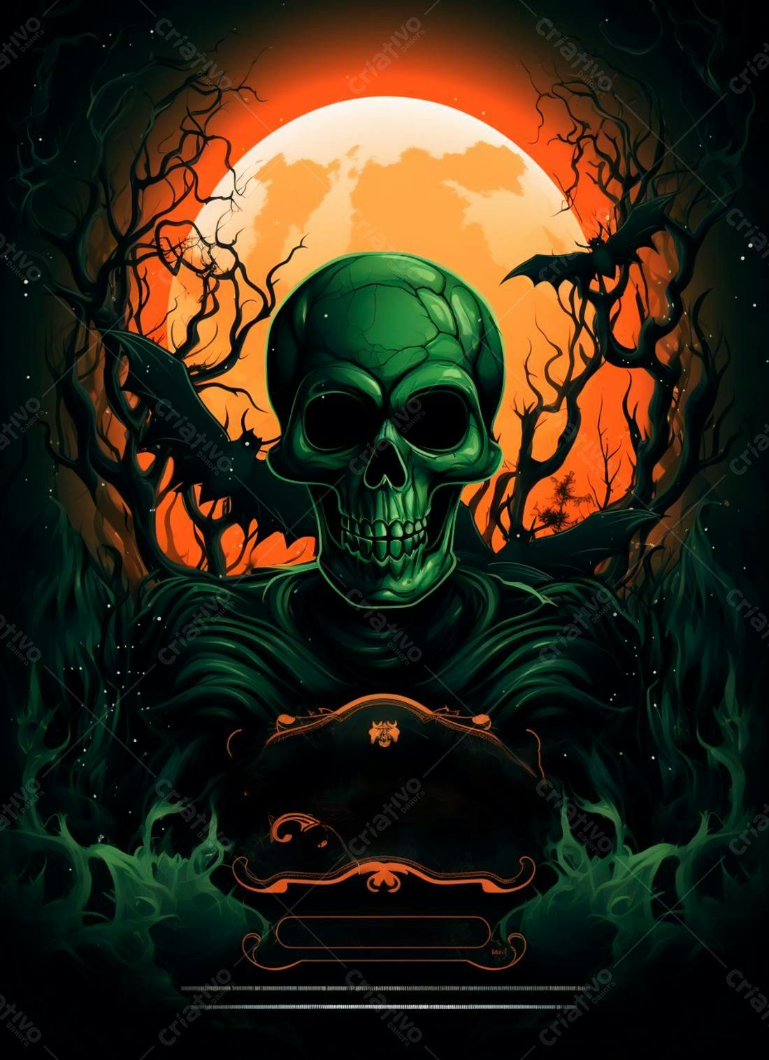Caveira Verde em Noite de Halloween
