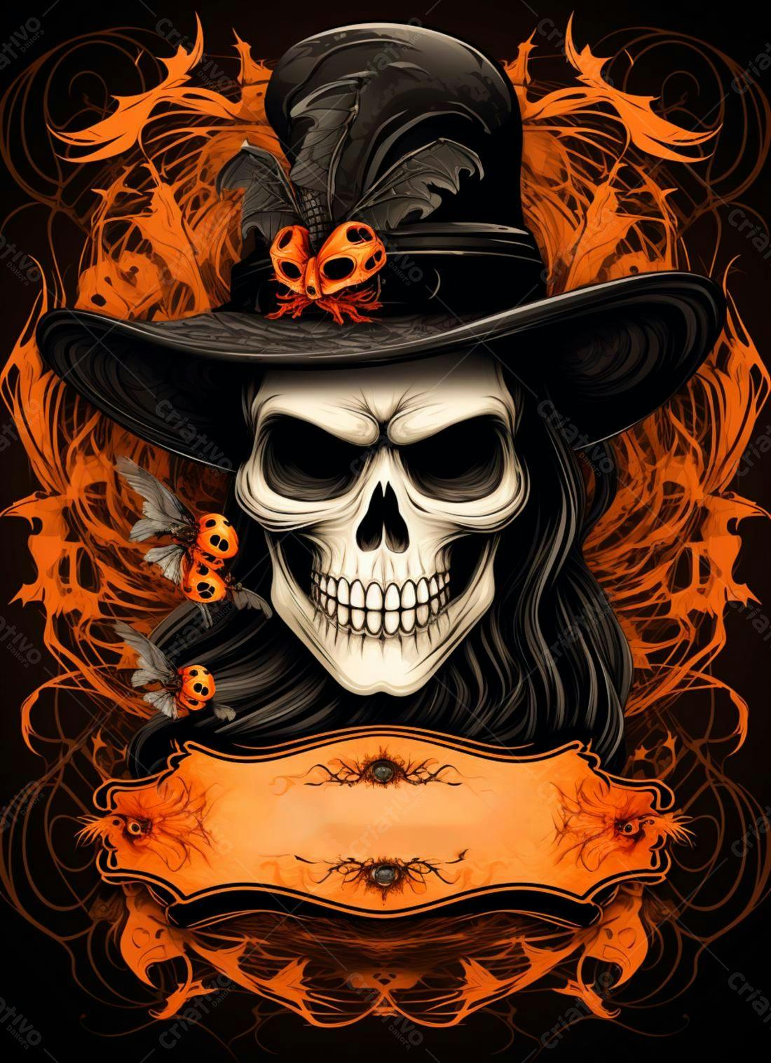 Caveira com chapéu e joaninhas Halloween