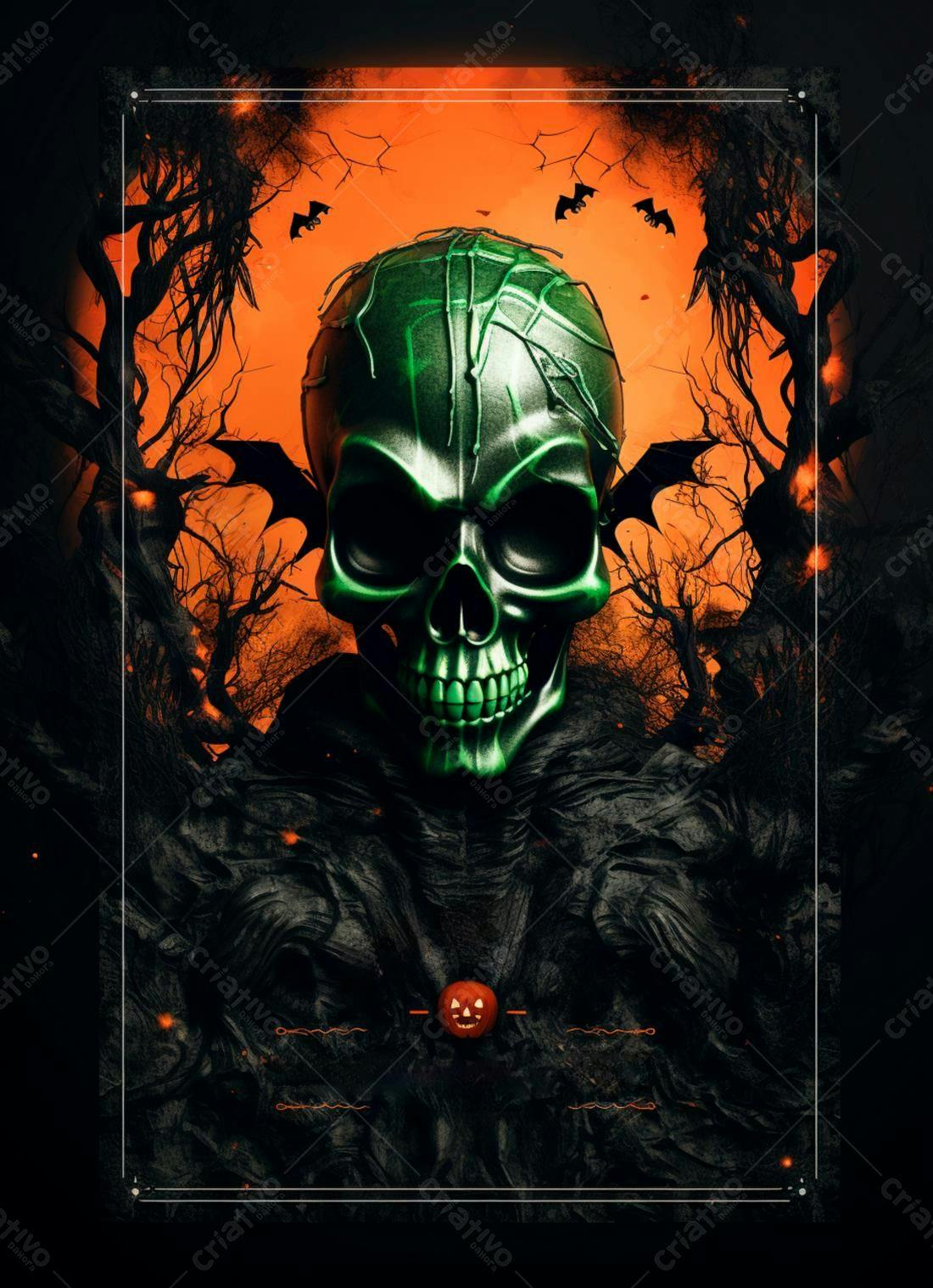 Caveira Verde em Cenário de Halloween