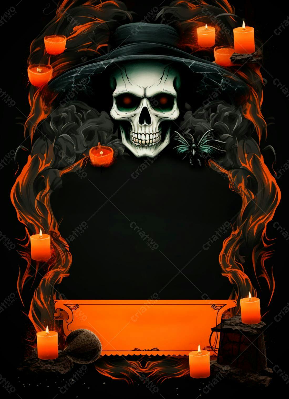 Caveira com chapéu e velas laranja para Halloween