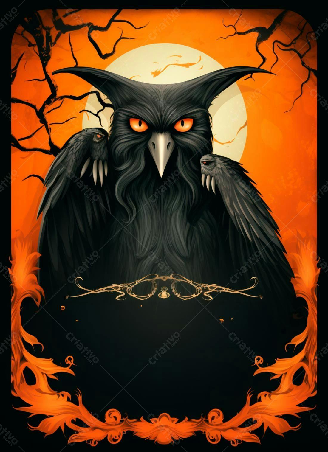 Coruja Negra com Corvos Halloween