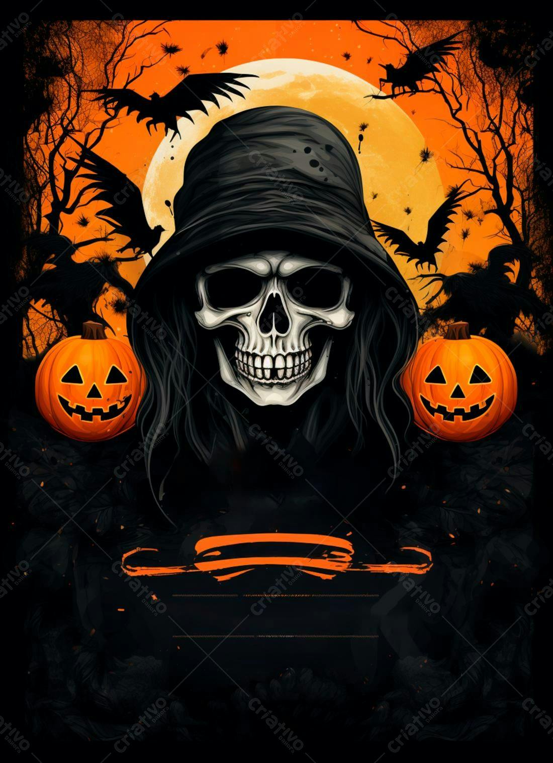 Caveira com Capuz em Cenário de Halloween