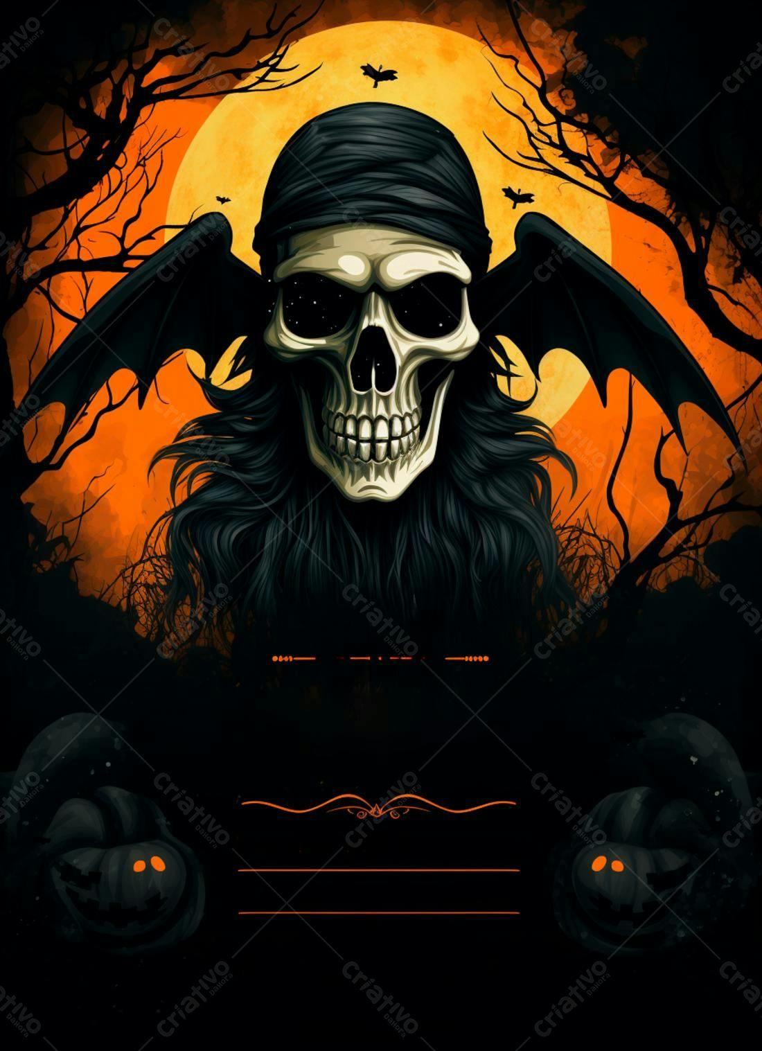 Caveira com asas de morcego em noite de Halloween