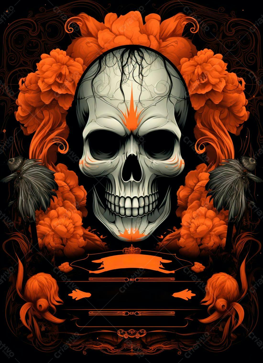 Caveira com Flores Laranjas Dia dos Mortos