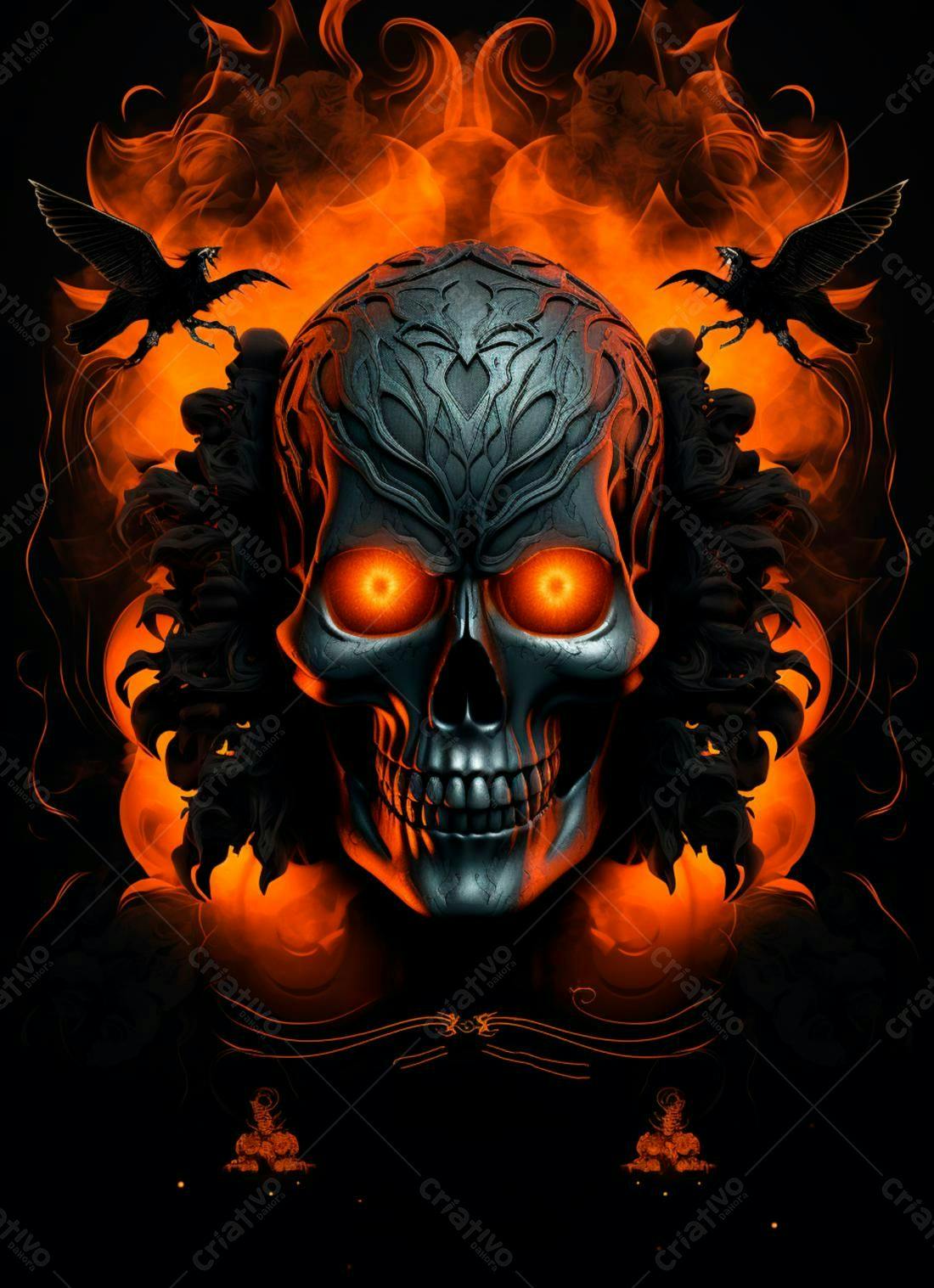 Caveira flamejante com corvos